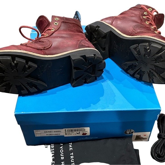 john Fluevog 7th Heaven 6 eyelet derby swirl boots burgundy size 7.5! - Picture 11 of 14